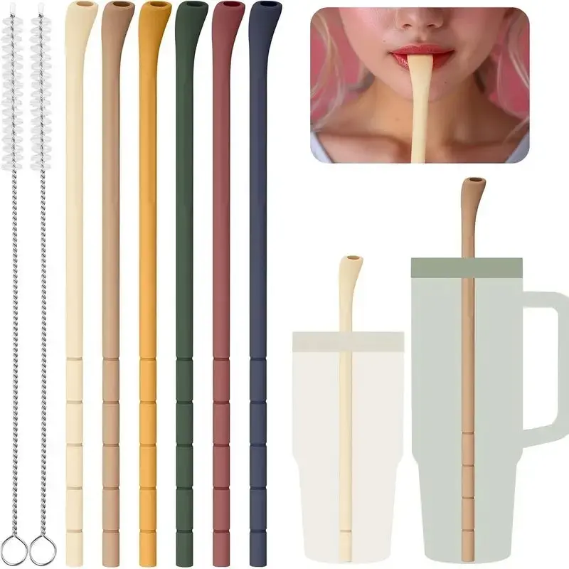 6PCS Silicone Wrinkle-Free Straw Set, Customizable Length Lip-Friendly Reusable Picks for 40oz-30oz Tumblers & Various Cups with Cleaning Brushes (Vintage)