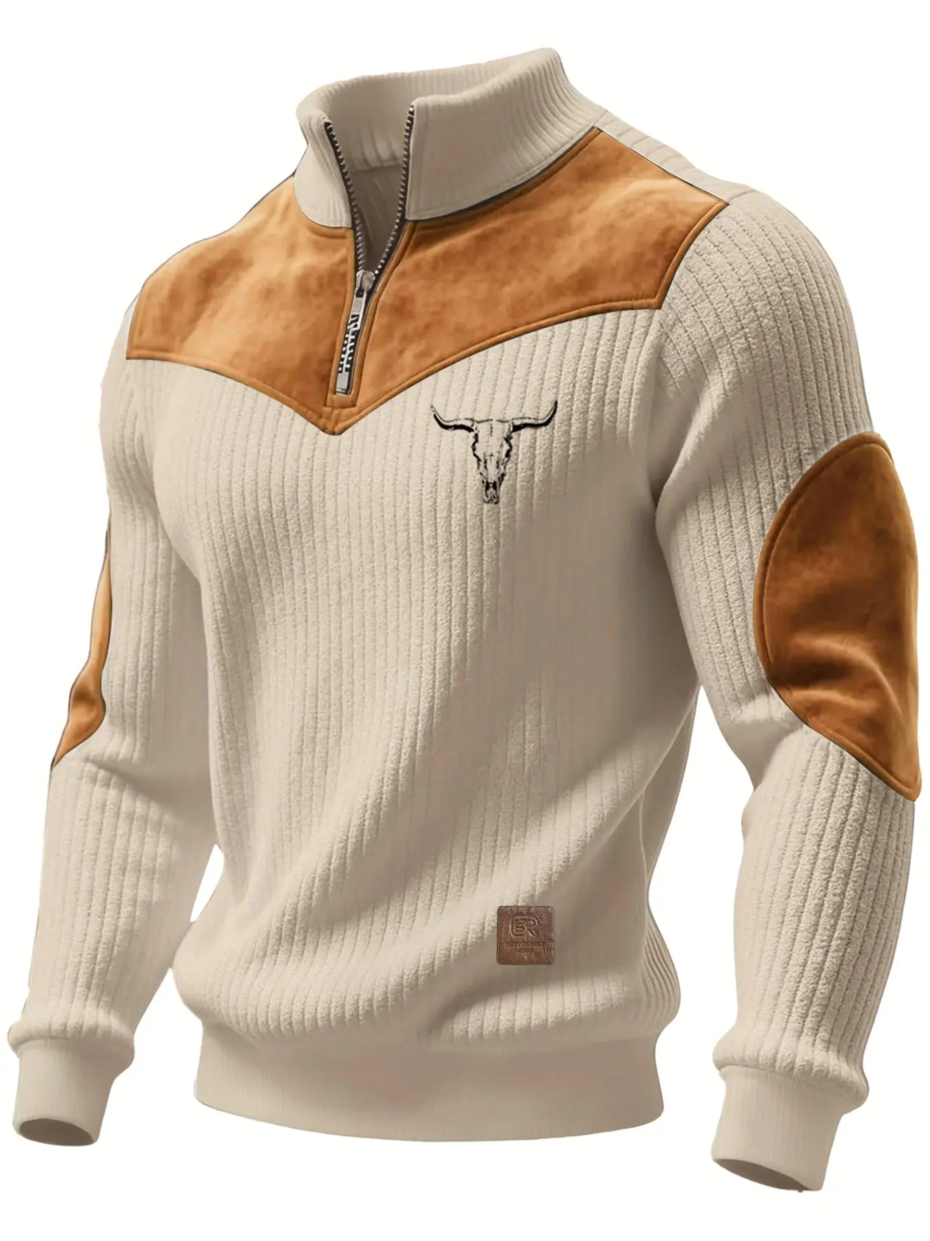 Men's Fall Winter Stand Collar Half-Zip Sweatshirt, Bull Head Print, Western Retro Casual Statement Knitwear, Warm and Comfortable, Outdoor and Commute Wear