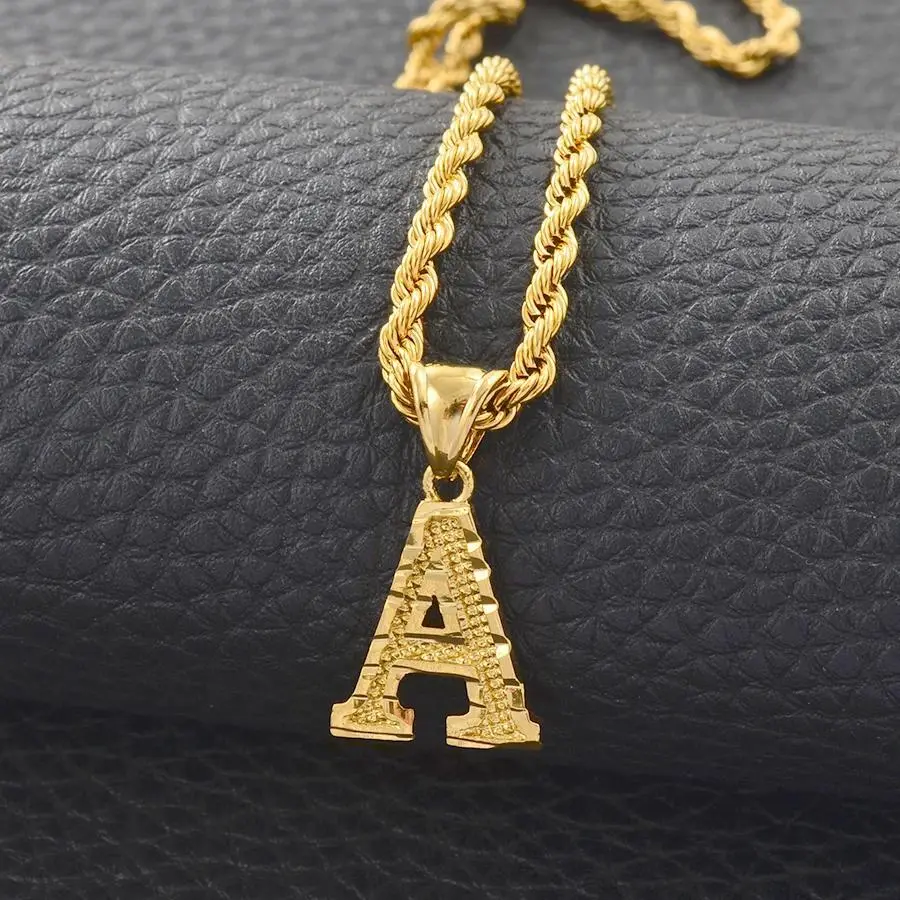 Anniyo A-Z Letters Necklaces Women Men Gold Plated Initial Pendant Rope Chain English Letter Jewelry Alphabet African #058002B