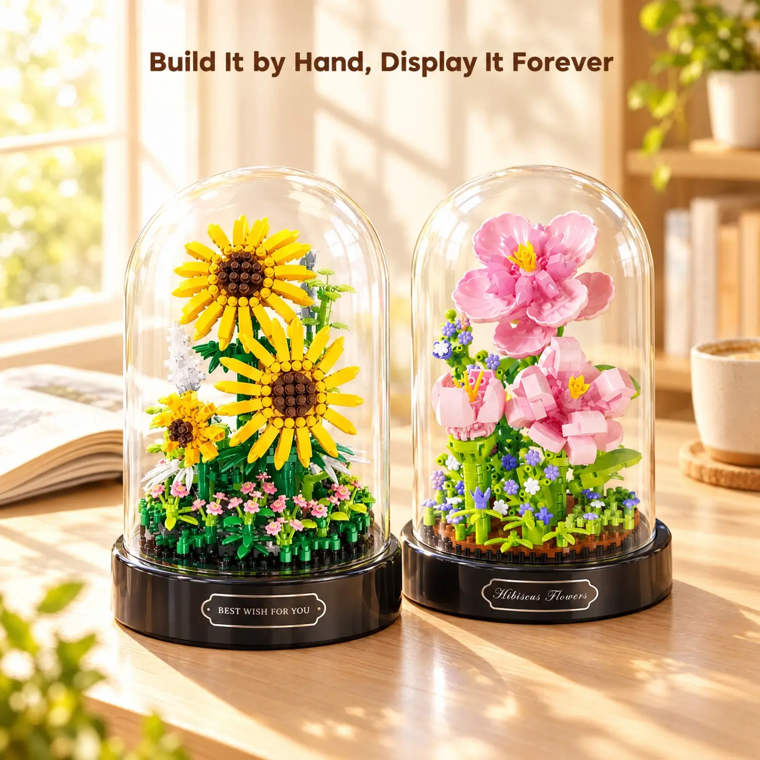 ToyTok Viral Sunflower Building Blocks Flower Set, Micro Brick Bouquet with Lily of Valley and Blossoms, Dust-Proof Glass Dome and Base, Forever Flower No Watering, DIY STEM, Desk Decor for Kids and Adults, Birthday Christmas Easter Holiday Gift