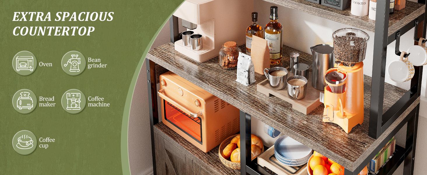 Raybee Furniture Bakers Rack for Kitchen with Power Outlet, 6-Tier Microwave Stand with Storage Cabinet, Farmhouse Kitchen Coffee Bar with Side Hooks, Utility Shelf for Kitchen
