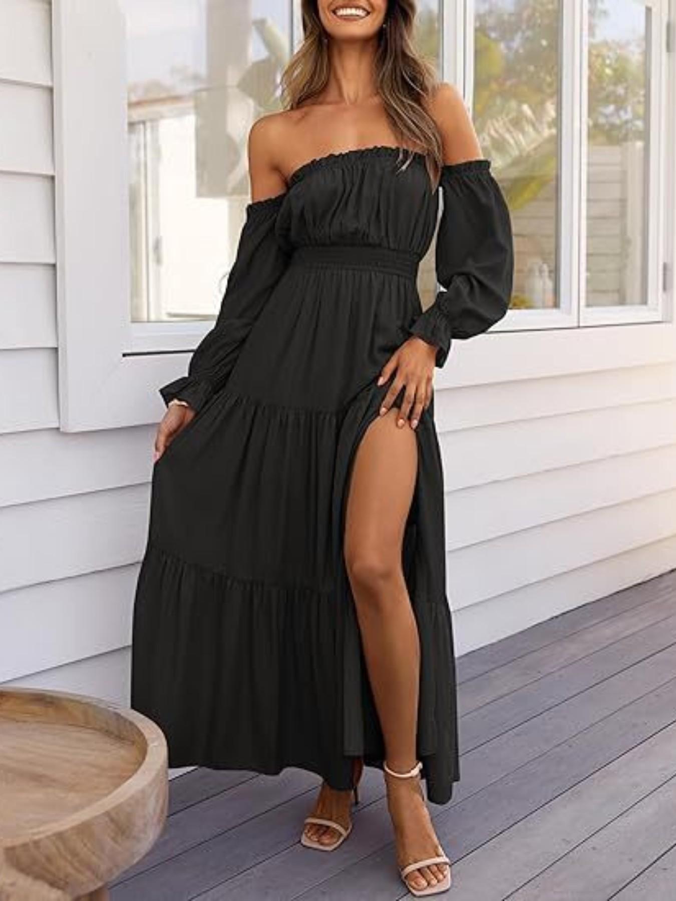 Women's Boho Style Off-Shoulder Long Sleeve Smocked High-Waist Side-Split Flowy A-Line Tiered Maxi Dress, Perfect for Casual & Party Wear - TikTok Shop Women's Boho Style Off-Shoulder Long Sleeve Smocked High-Waist Side-Split Flowy A-Line Tiered Maxi Dress, Perfect for Casual & Party Wear - TikTok Shop