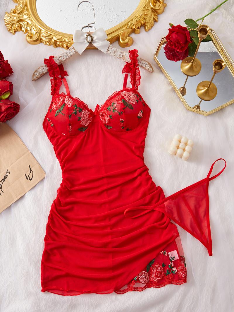 Plus Size Elegant Casual Cami Nightgown 2 Piece Set, Rose Embroidery, Adjustable Straps, Soft Lightweight Fabric, Sleeveless for All Seasons