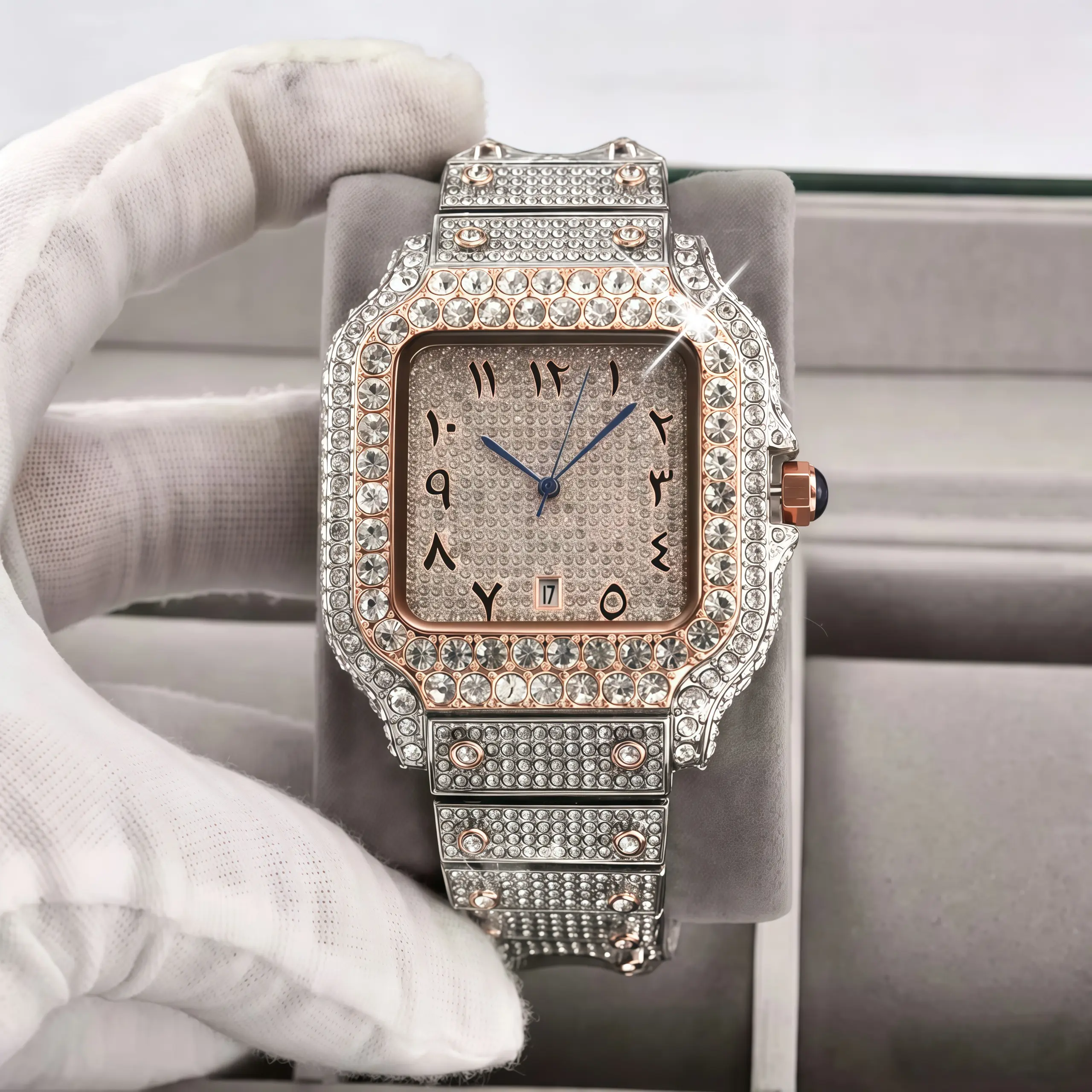Full Diamond Square Men Watch, Elegant Luxe Timepiece Perfect For Business Events & Parties