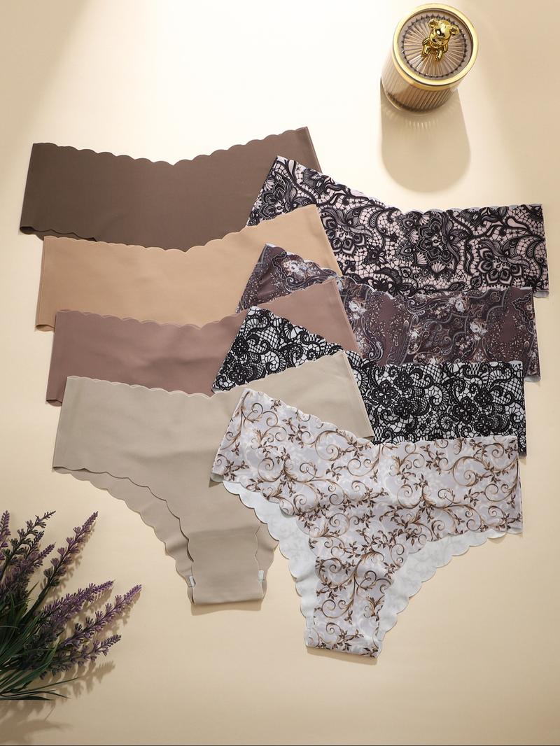 Women's Seamless Panties Set, Soft Thin Fitted Design, Fashionable Wave Edge, Casual Plain Pattern, All Seasons Wear