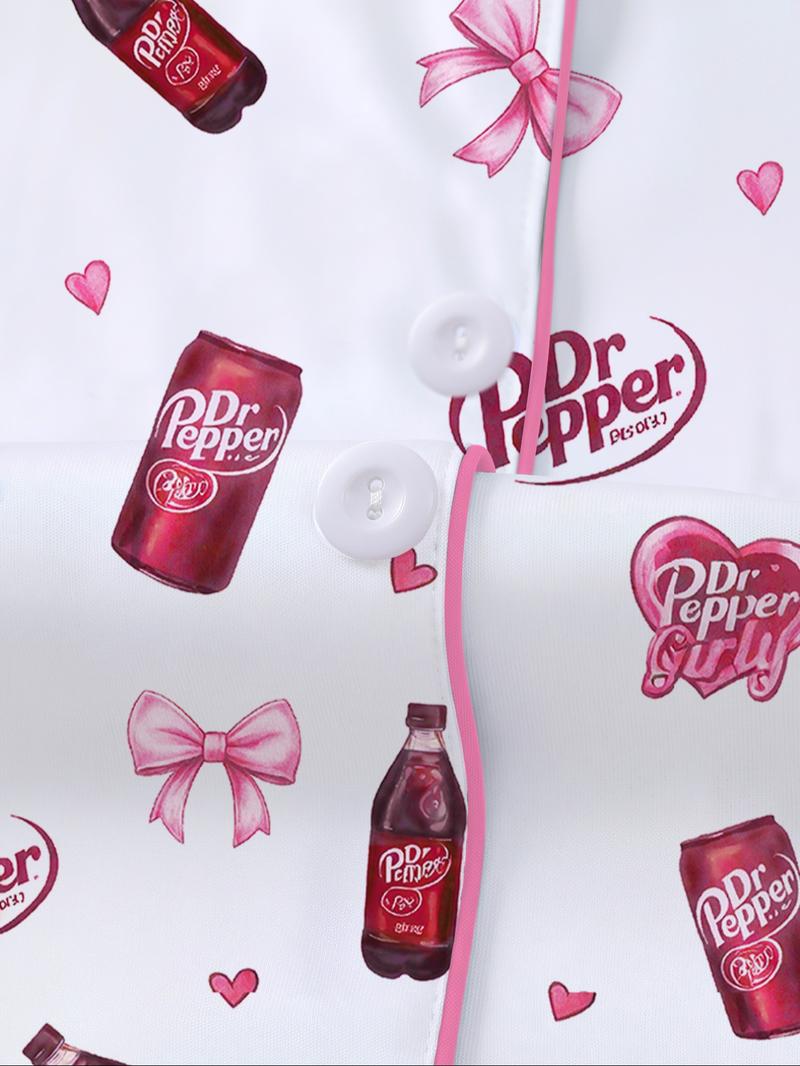 Women's Heart Bow Print Sleepwear Set, Short Sleeve Button-Up Top & Elastic Shorts, Casual Home Wear, Party