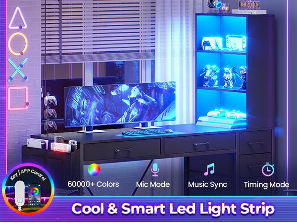 SEDETA 47.2 Inch Reversible Gaming Desk with LED Lights Drawer Storage Bookshelf for Small Spaces Organization Interior