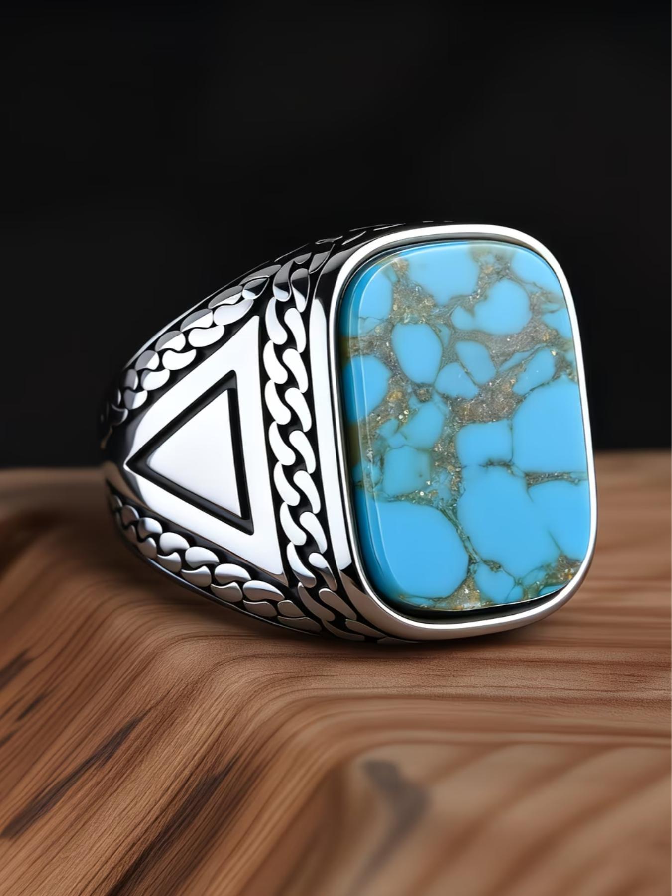 Tribal Style Men's Blue Ring, 316L Stainless Steel, Inlaid with Square Agate, Simple and Grand