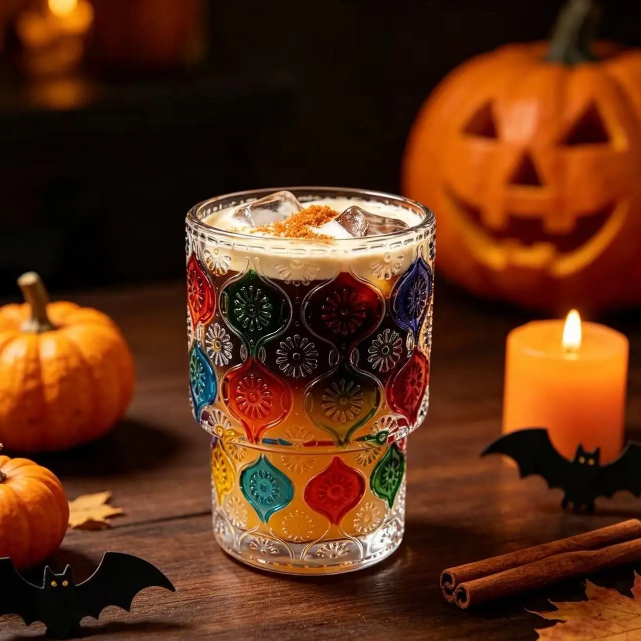Hand‑painted rainbow‑flower embossed transparent flat‑bottom glass cup for Halloween and Christmas, vibrant festive‑colored glass cup‑‑‑stain‑resistant durable drinking cup, cocktail and wine glass suitable for iced coffee and milk, decorative kitchen