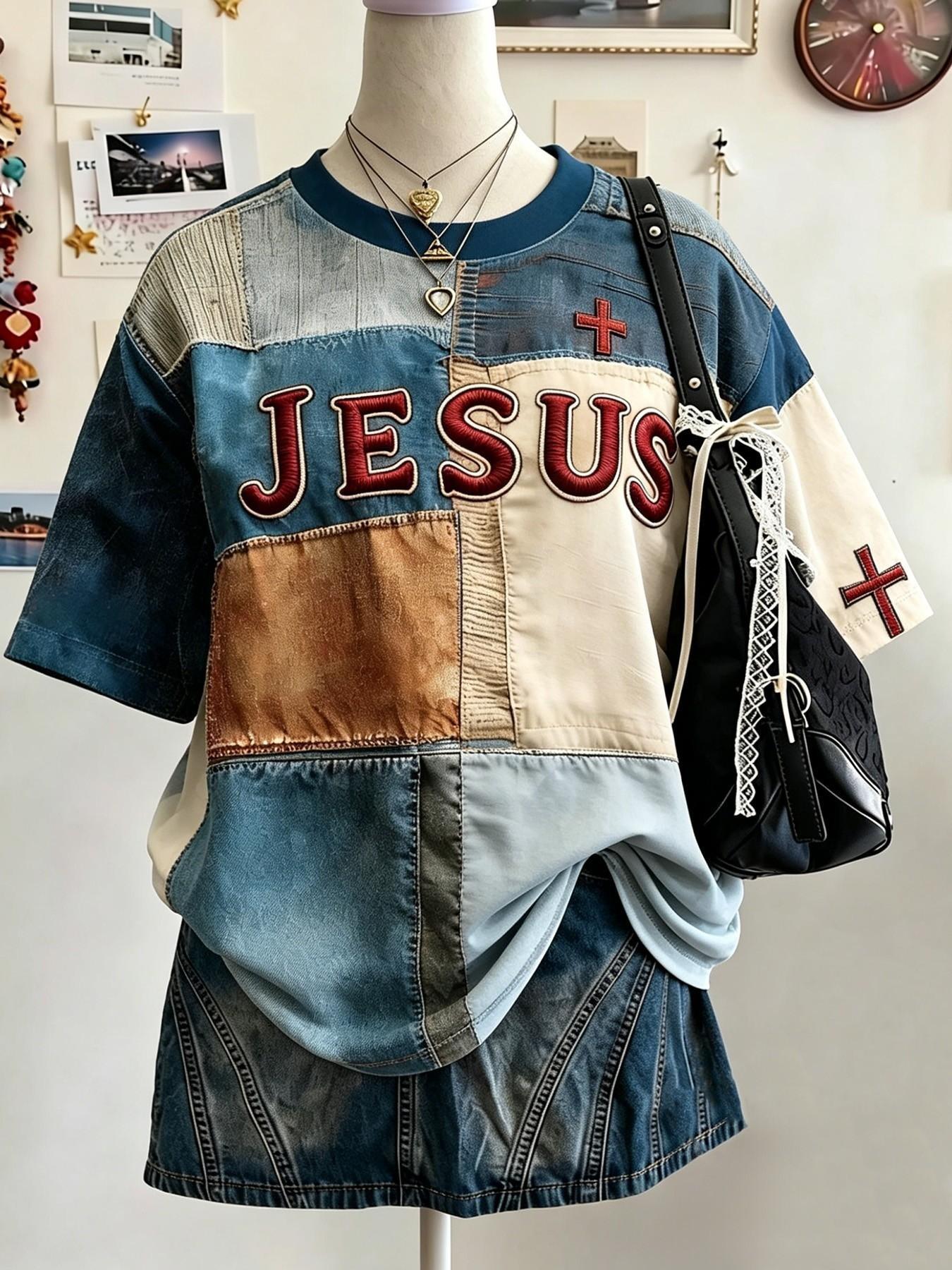 Vintage Patchwork Graphic T-Shirt, Bright Colors, Comfortable Jesus Cross Faith Pattern, Round Neck, Casual Daily Wear