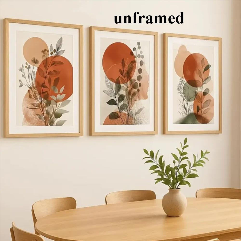 3-Piece Optional Wooden Frame Bohemian Terracotta Geometric Leaf Abstract Floral Art High Color Reduction Flat Surface Minimalist Home Background Decor