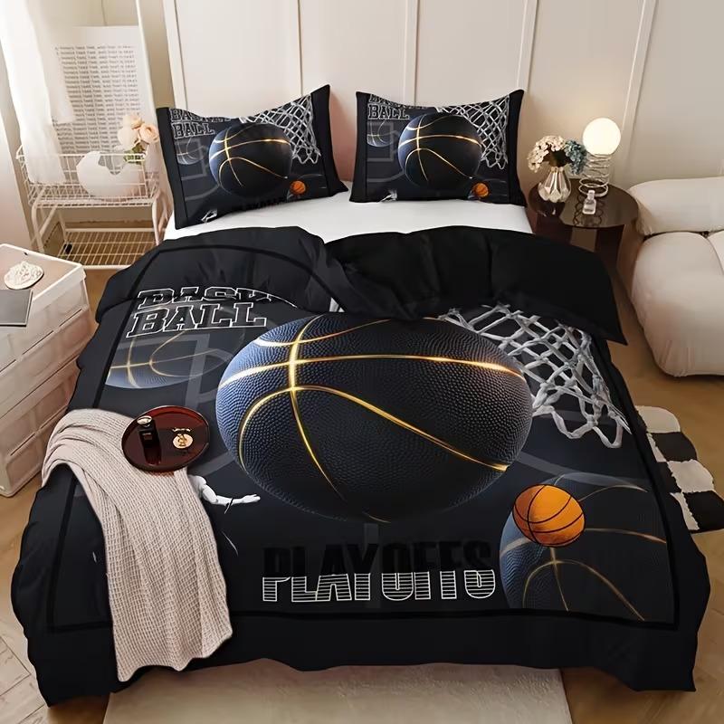 3pc Slam Dunk Pattern Bedding Set, Basketball Letter Print Duvet Cover Set, includes 1 duvet cover and 2 pillowcases, suitable for single, double, and king-size beds, available in multiple sizes.  Ideal for bedrooms, guest rooms, dormitories, and hotels