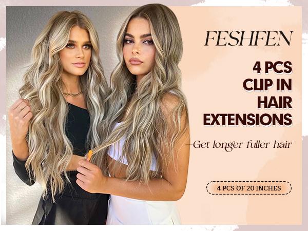 FESHFEN Clip in Hair Extensions - 4 PCS Long Wavy Thick Clip in Hairpieces Full Head Natural Soft Synthetic Hair Extension for Women