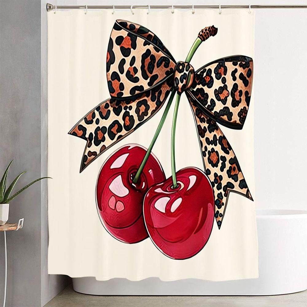 1/4pcs Leopard Print Cherry Bathroom Set, Beige Shower Curtain with Glossy Red Cherries, Matching Bath Mats & Toilet Cover - Playful Bold Design for Spring, Easter Decor, Modern Bathroom Upgrade
