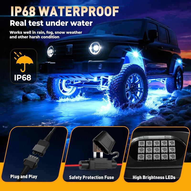 High-Quality RGB Car Rock Lights Underglow Pods (4/6/8/10/12/14) with Bluetooth-Compatible App Control, Multi-Color Neon Music Mode, IP68 Waterproof, Fit for Truck, ATV, UTV, RZR and SUV, Men's Car Lighting Gift
