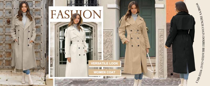 Tankaneo Women's Oversized Long Trench Coat Double Breasted Lapel Windproof Overcoat with Belt Tankaneo Women's Oversized Long Trench Coat Double Breasted Lapel Windproof Overcoat with Belt