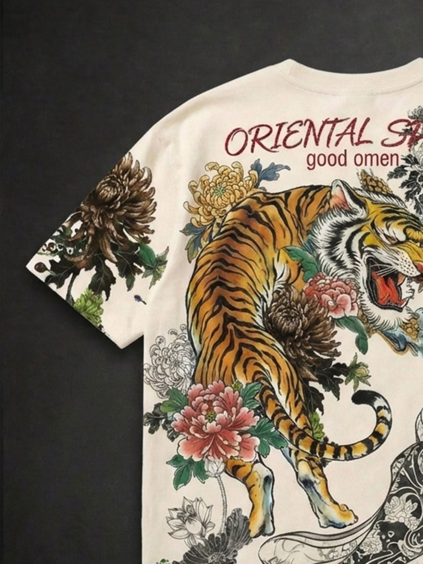 Viral Japanese tattoo style tiger pattern T-shirt, Oriental Spirit Y2K streetwear, retro aesthetic T-shirt with geisha and floral prints, perfect for streetwear and casual wear # streetwear # patterned T-shirt # Japanese tattoo # Oriental Spirit