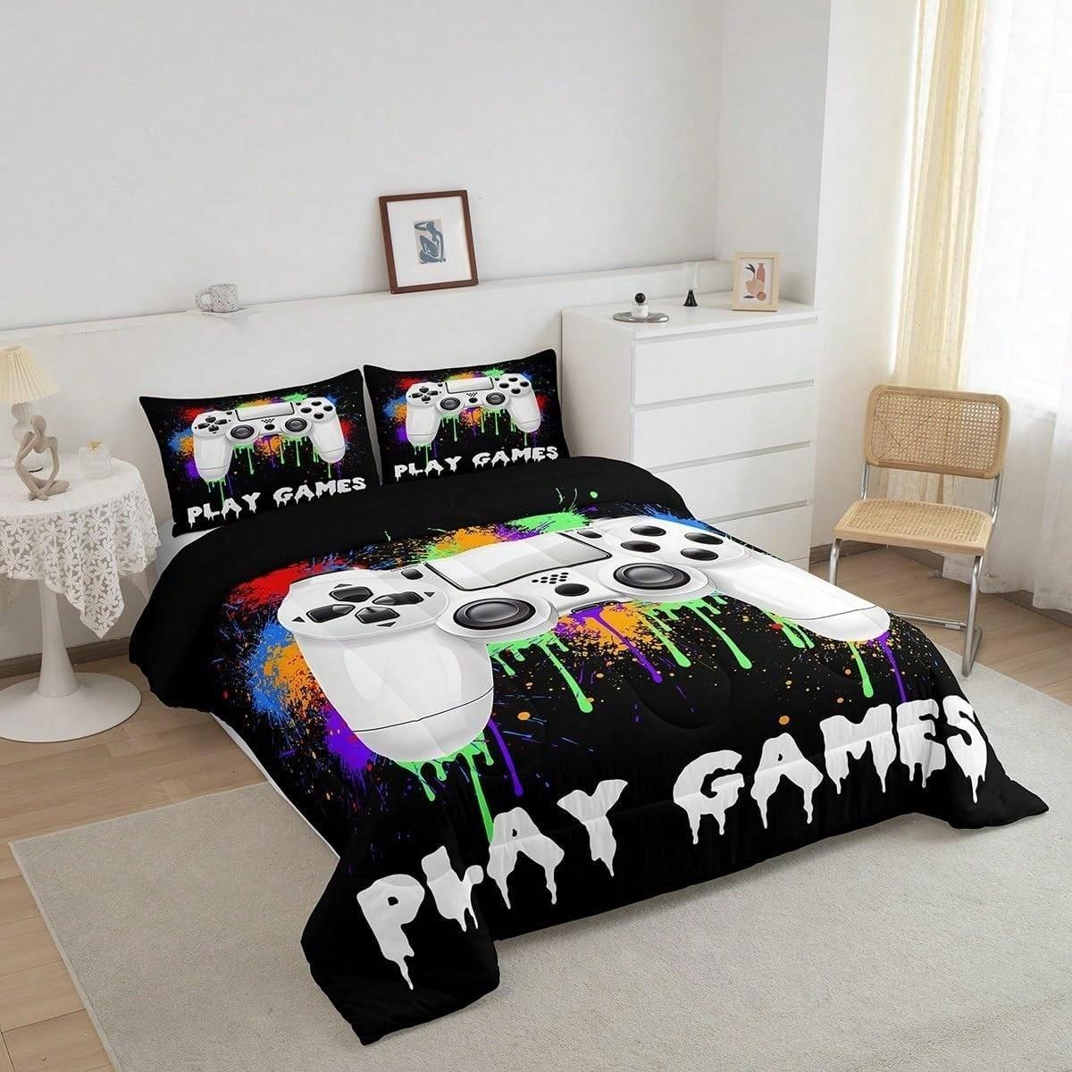 3-Piece Universal Game Theme Quilt Set for Men and Women - Soft, Lightweight, Breathable, 200gcm Quilted Filler, Includes 1 Quilt and 2 Pillowcases (Excluding Pillow Core) Bedroom Dormitory Air Conditioning Room Game Enthusiasts Gift Universal