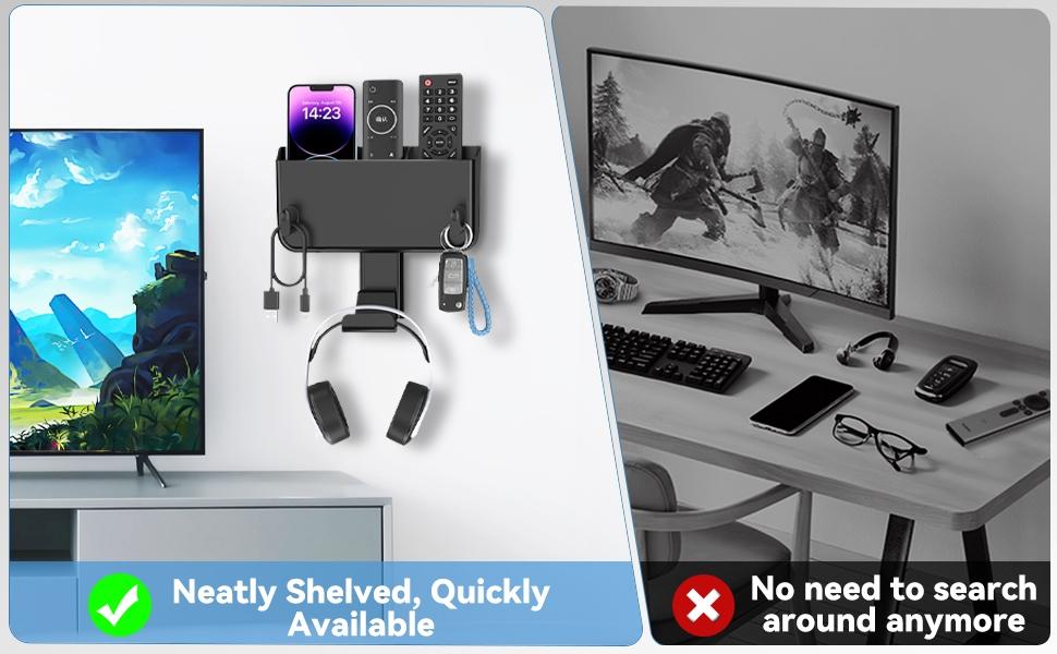 Adhesive Remote Control Holder Wall Mount with Headset Hanger, 3 in 1 Organizer TV/Fan Remote Caddy with Hook for Headphone, No Drill Controller Storage Bracket, Bed Wall Rack