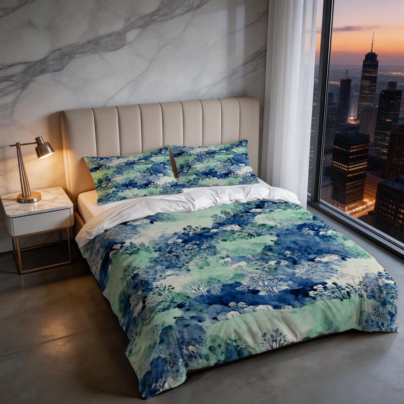 2/3 Pcs Watercolor Landscape Checkered Duvet Cover Set, HD Digital Printed Comforter Cover, Soft Breathable Bedding Set with Zipper & Corner Ties, No Insert, for Bedroom Decor