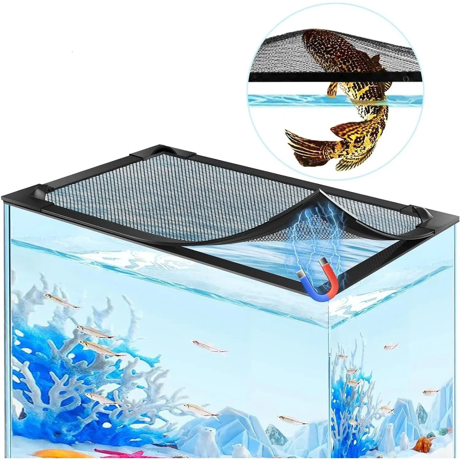 Magnetic Mesh Aquarium Lid Cover for Fish Tanks up to 37 x 18 in, Custom Fit Design, Tear-Resistant PET Mesh, Easy Feeding Access, Compatible with Filters and LightsGift
