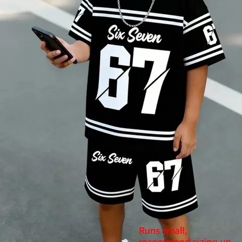Boys' Trendy Sports Set, Number 67 All-Over Print Streetwear Tee & Shorts, Casual Fitted Two-Piece Outfit, Summer Clothing Set Kids Clothing