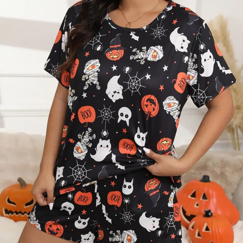 【Plus Size】Halloween Skull Ghost and Pumpkin Print Tee & Elastic Waist Shorts Pyjama Two-piece Set, Casual Comfy Round Neck Short Sleeve T-shirt & Shorts Pj Set, Women's Sleepwear for Fall