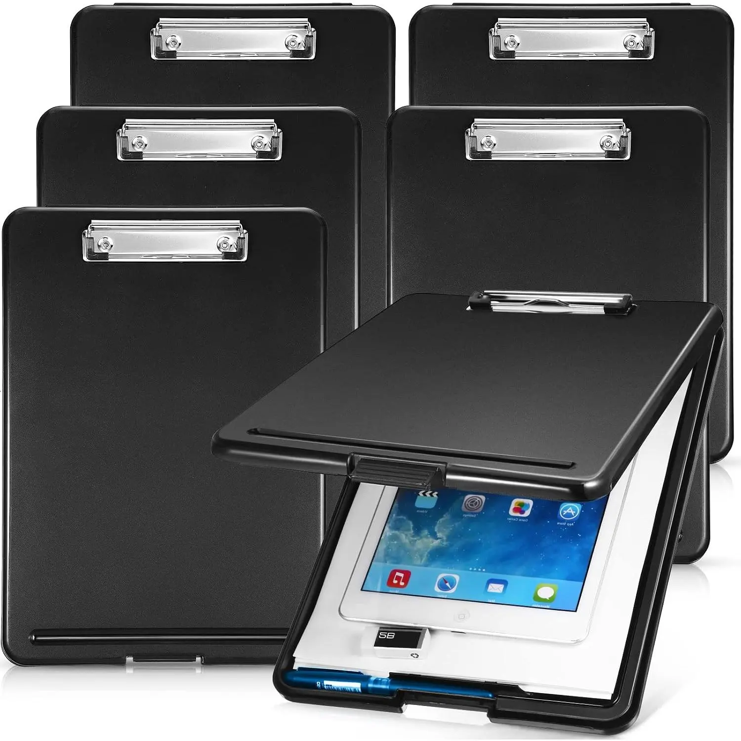 6 count Clipboard with Storage, 9.5 x 13.5 Heavy Duty Plastic Storage Clipboard,  Foldable Clip Board with Compartment and Metal Clip for Nurse Teacher Student Classroom Office (Black)