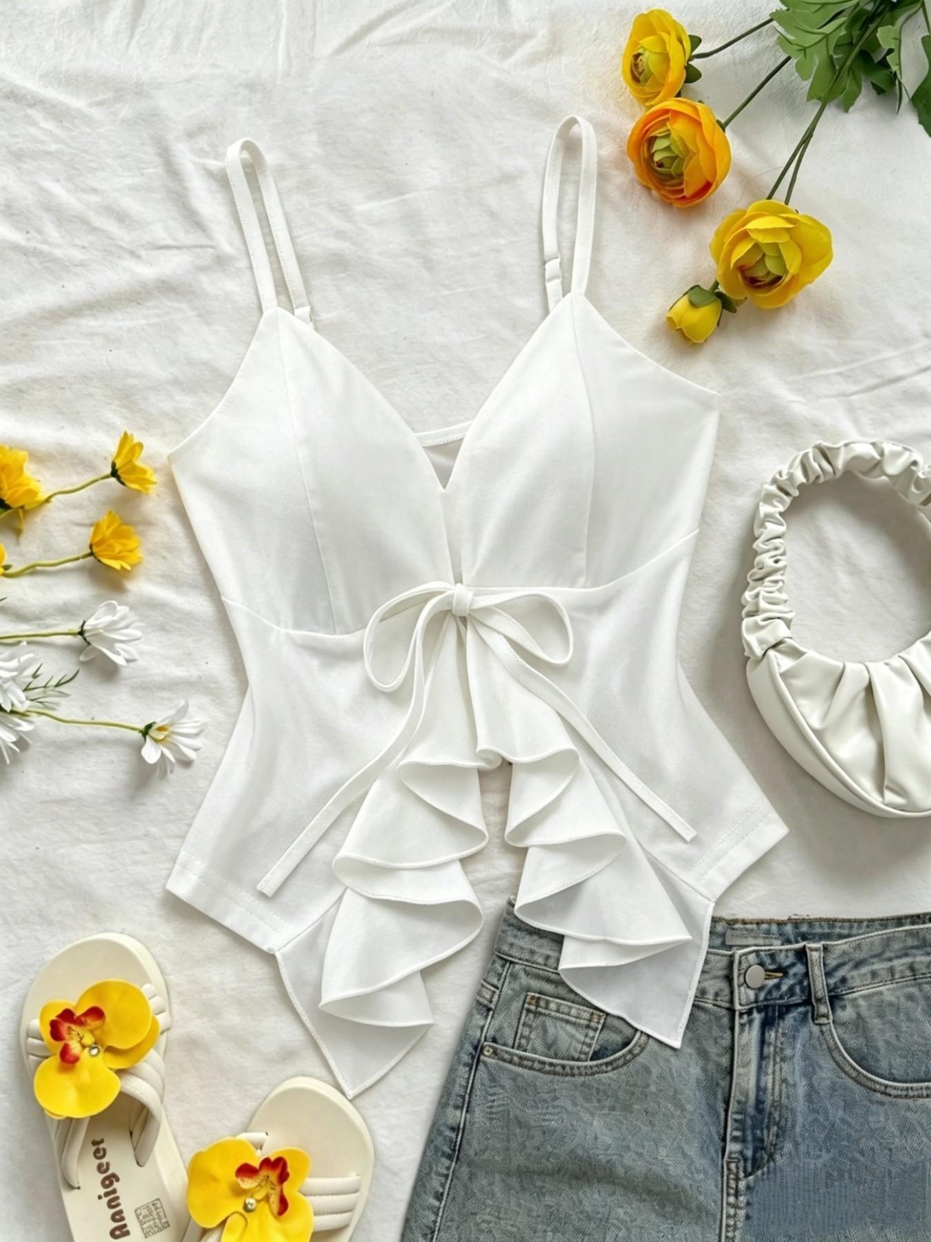 Women's V-Neck Boho Chic Sleeveless Halter Top Set, Tie-Front Crop Tank, Thin Straps, Ruffled Hem, Casual Sleeveless Slim Fit Outerwear, Two-Piece