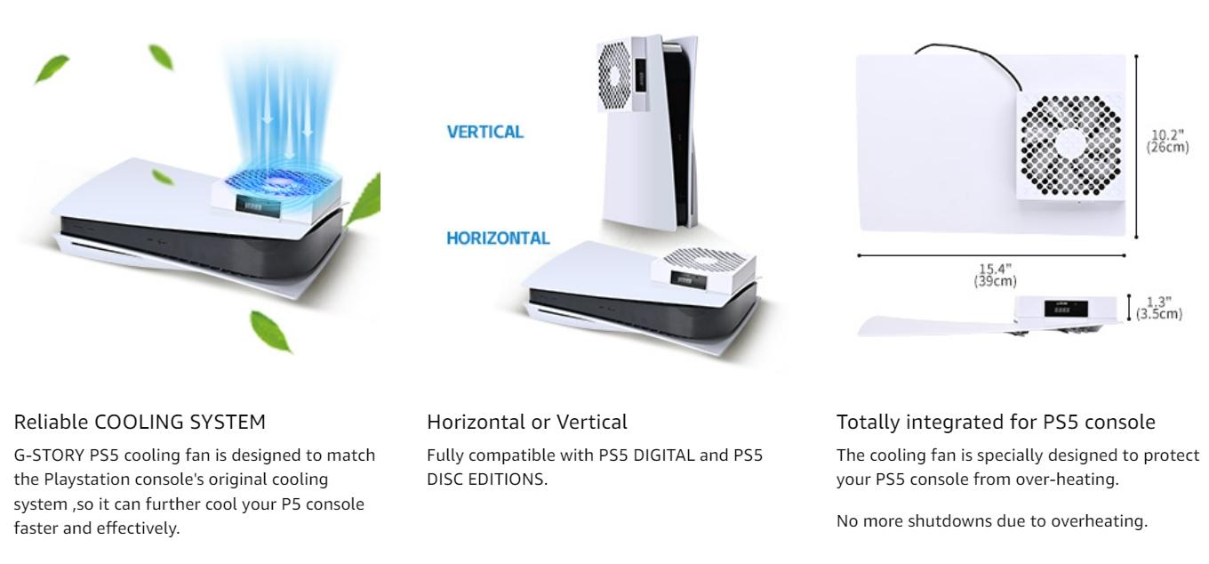 G-STORY PS5 Cooling Fan, PS5 Fan Cooler System, Speed Automatically Adjusted by Temperature, Low Noise, RGB LED Accessories Console Cover Protection