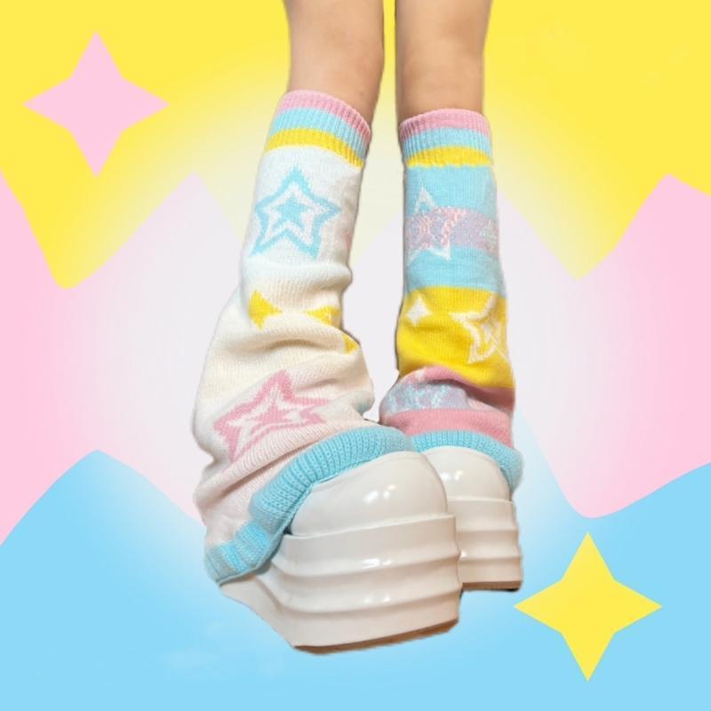 Women Girls Candy Color Rainbow Flared Leg Warmers Sweet Star Pattern Aesthetic Knitted Footless Covers Socks for Adults Teens