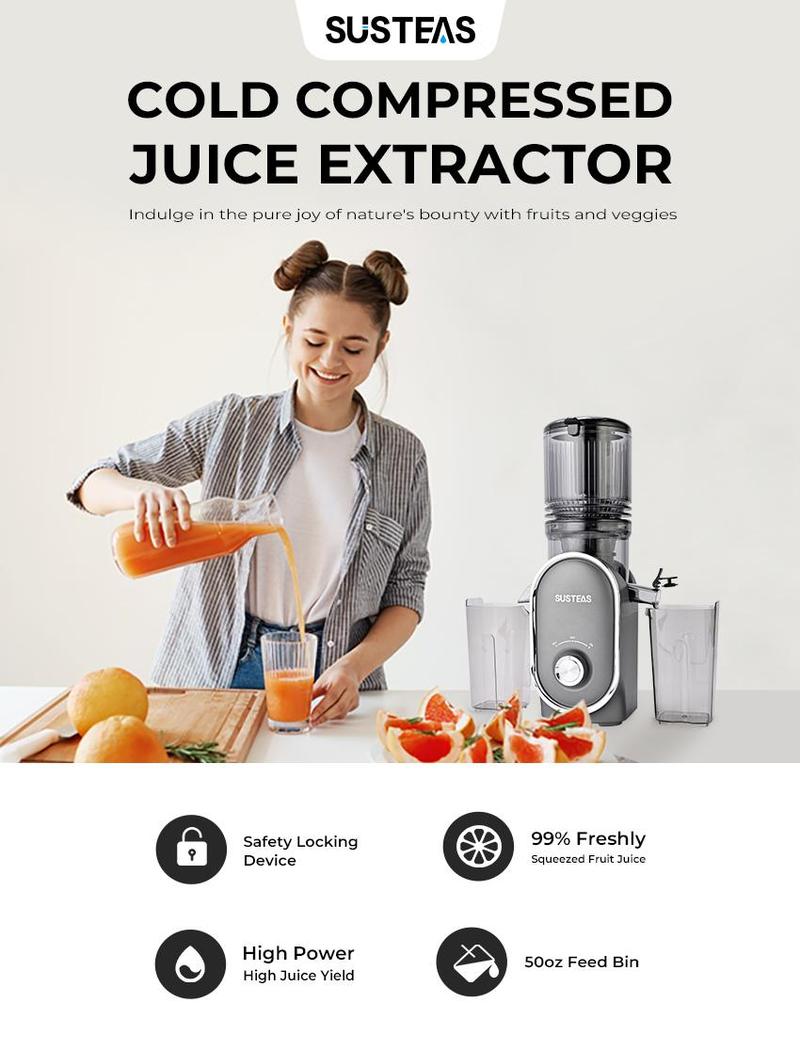 SUSTEAS Cold Press Juicer XL with 5.3" Wide Chute for Whole Foods Slow Masticating Extraction High Juice Yield Easy Assembly & Cleaning All-Metal Build Dishwasher-Safe Parts