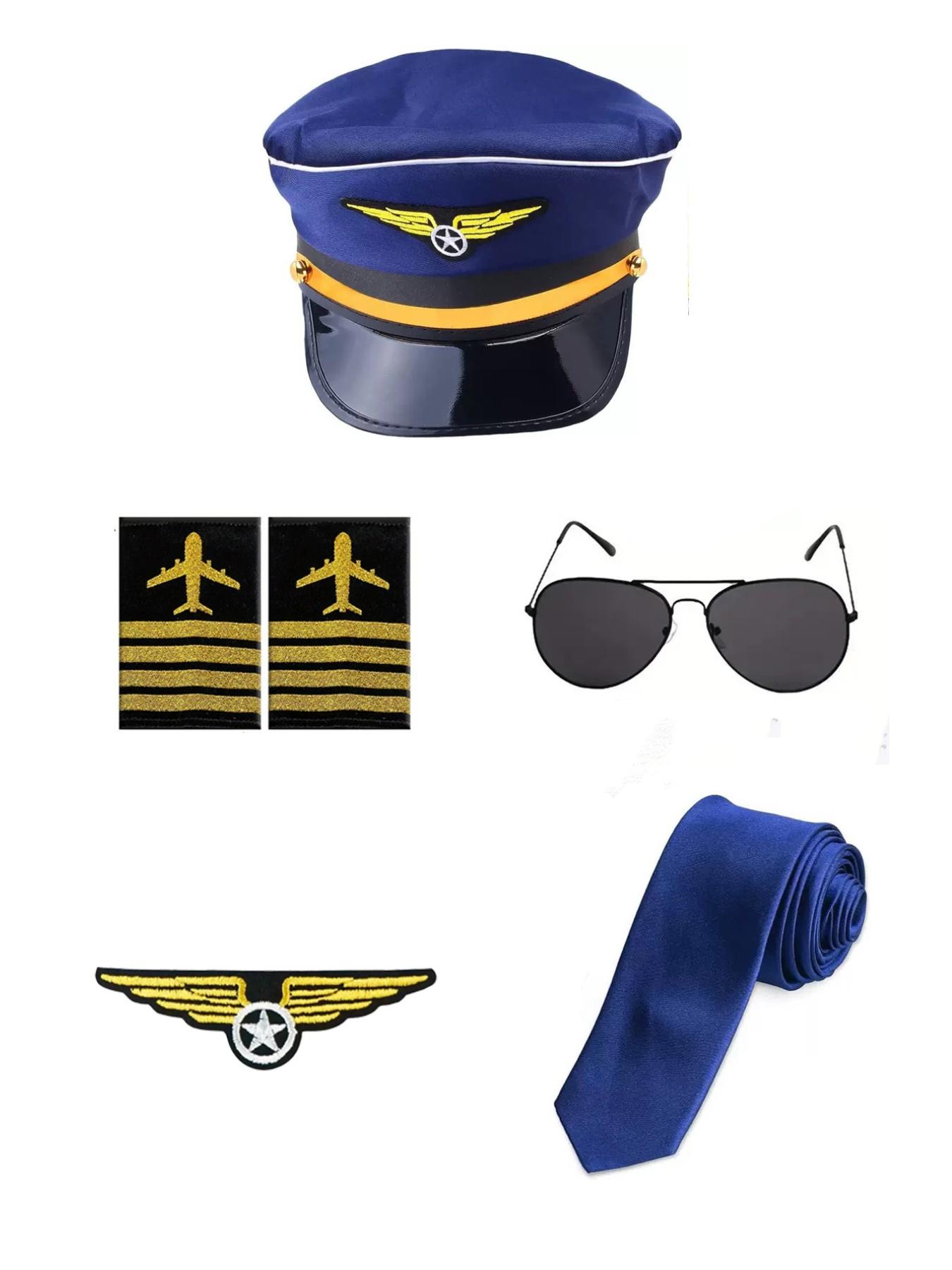 5-Piece Cosplay Pilot Costume Set for Women, Includes Hat, Badge, Shoulder Patch, Tie, Sunglasses, Gloves, Perfect for Halloween Parties