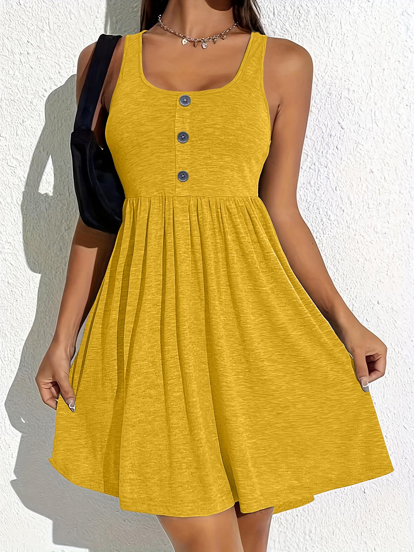Plus Size Plain Fake Buttons Scoop Neck Fitted Stretchy Jersey Tank Dress, Casual Sleeveless A Line Feminine Aesthetic Dress, Summer Clothes Women, Women's Clothing, Dresses for Women, Women's Clothes for Daily Wear, Plus Size Women's Clothing, Womenswear Plus Size Plain Fake Buttons Scoop Neck Fitted Stretchy Jersey Tank Dress, Casual Sleeveless A Line Feminine Aesthetic Dress, Summer Clothes Women, Women's Clothing, Dresses for Women, Women's Clothes for Daily Wear, Plus Size Women's Clothing, Womenswear
