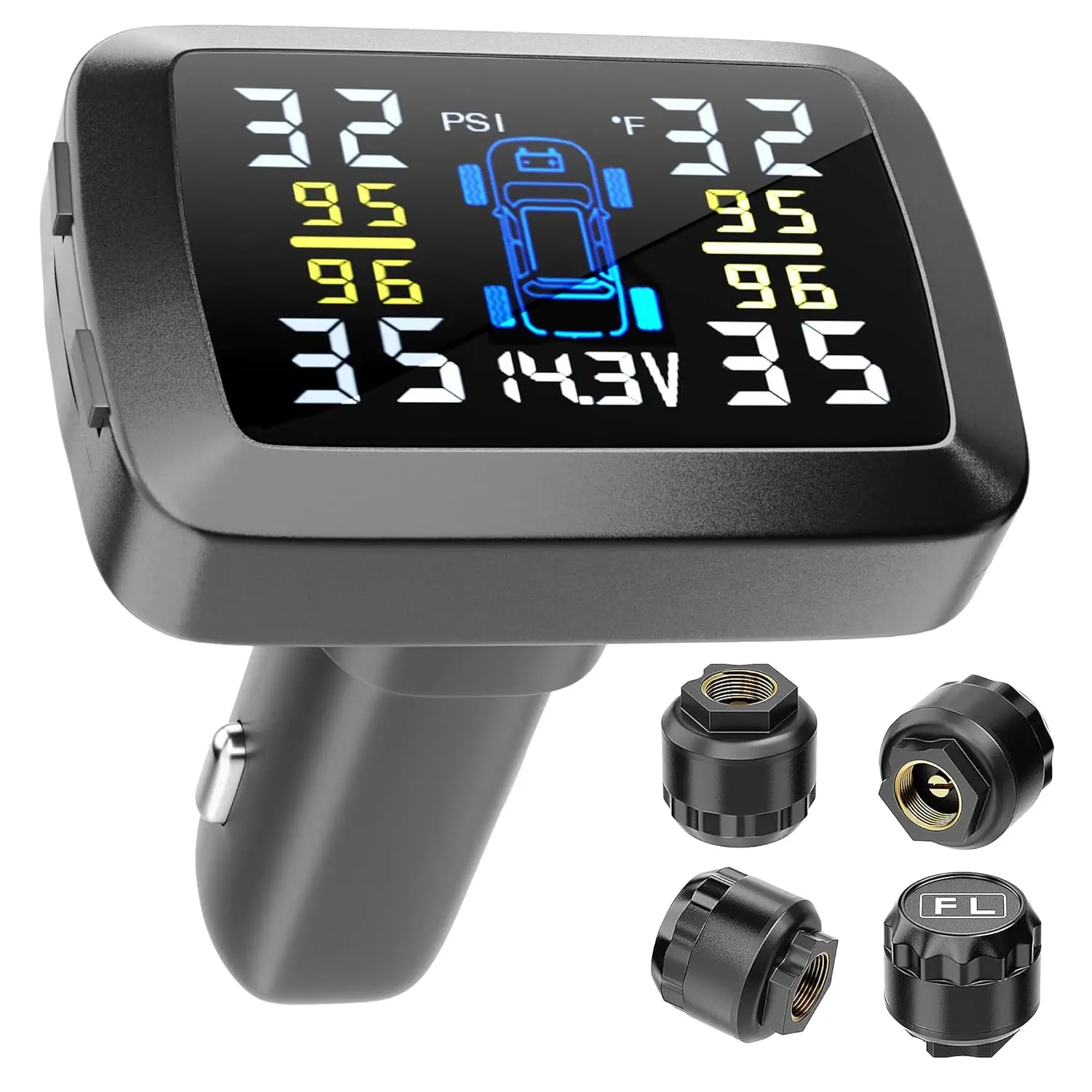 GJANSH Tire Pressure Monitoring System, TPMS with LCD Display and 4 Sensors | 48s Fast Refresh, Strong Battery and Easy Button Control for Real-Time Pressure and Temperature, Cars SUVs Trucks, 0–87 PSI
