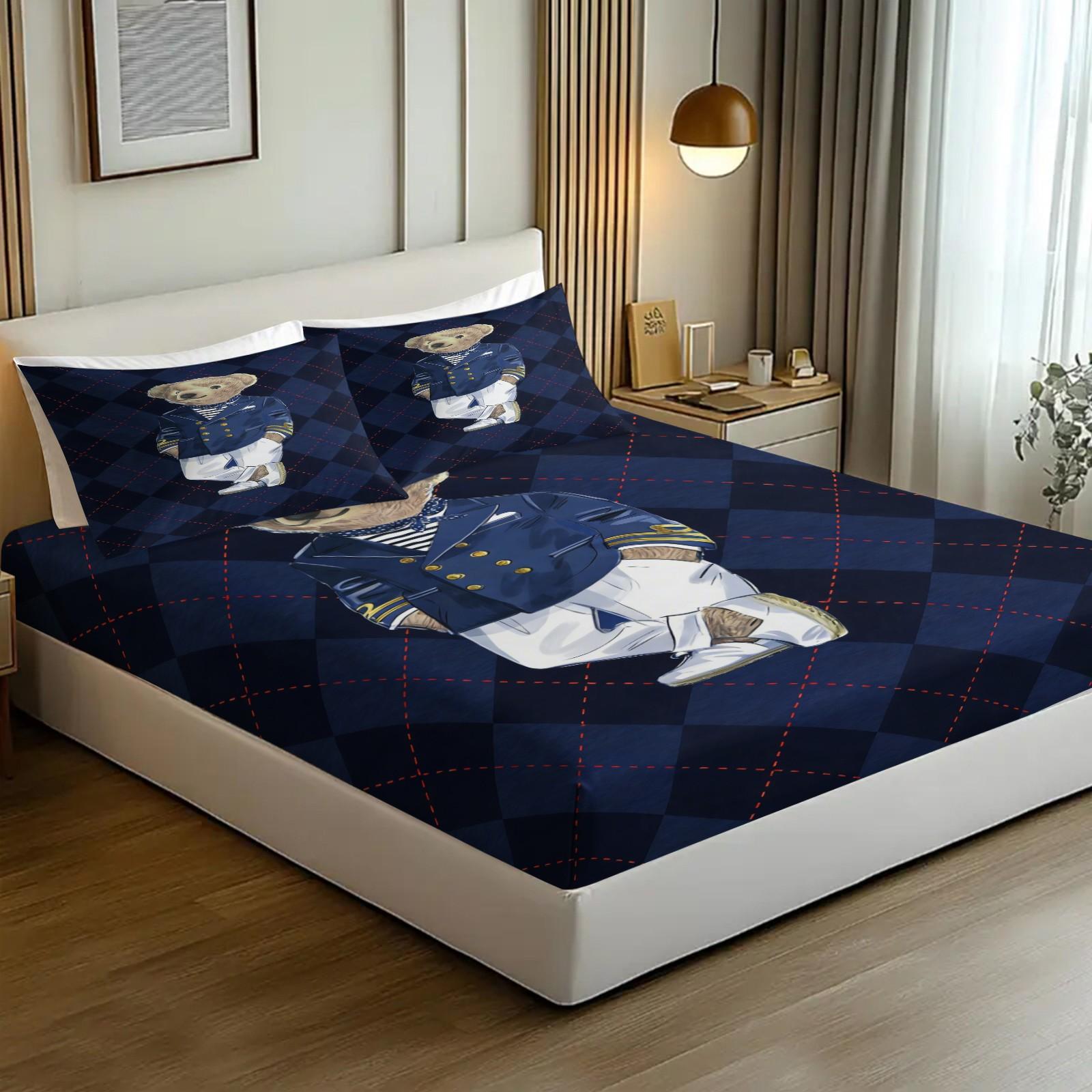 Teddy Bear Pattern Bed Sheet, Comfortable Printed Pattern, Includes 1 Bed Sheet and 2 Pillowcases, Comfortable Bedding, Non slip Dust Cover Suitable for Bedroom and Guest Room, Suitable as a Gift for Children or Adults, Bed Sheets Set