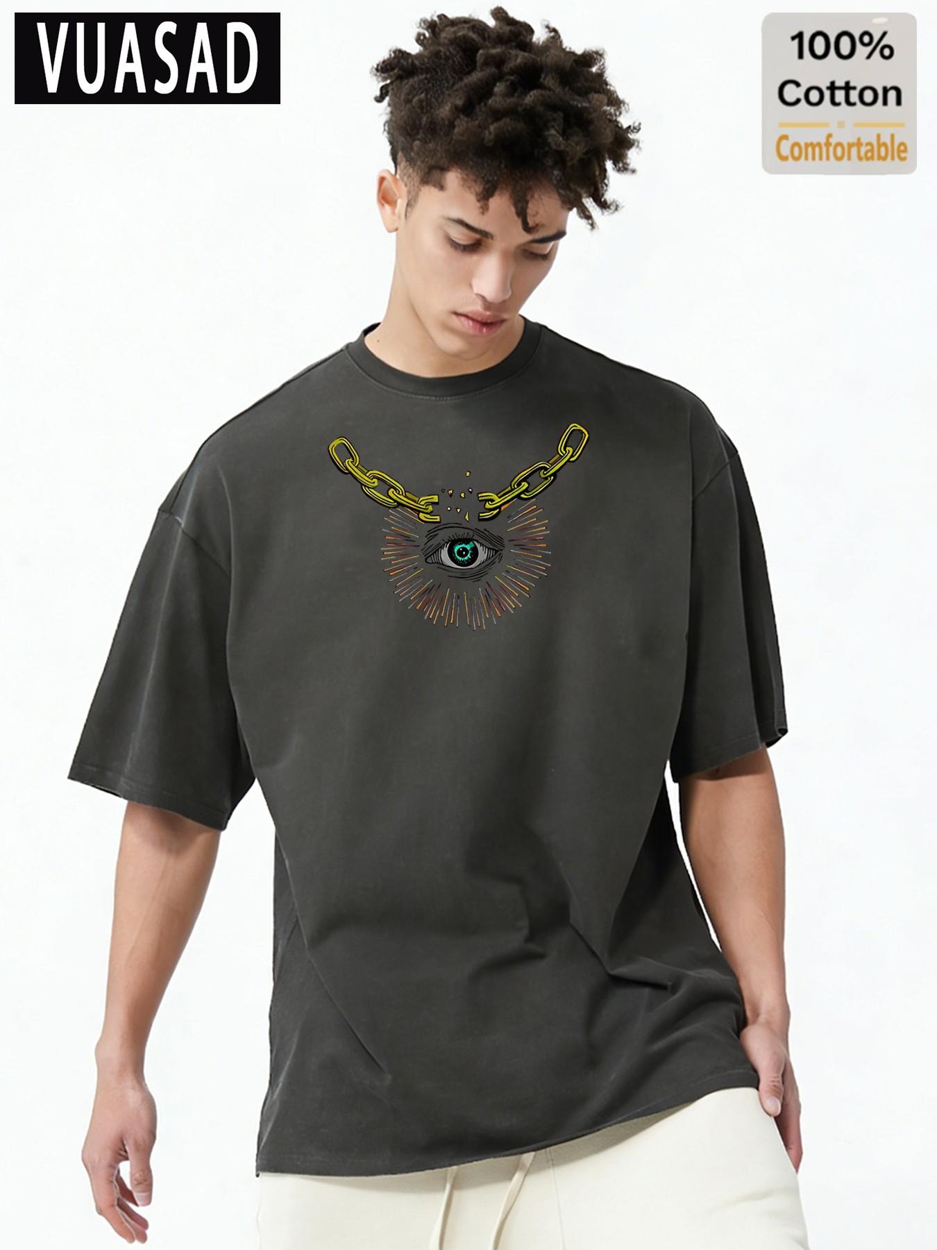 American Street Style Mystery Element Short Sleeve T-Shirt for Men, 100% Pure Cotton, Loose Fit, Casual Commuter Top, Long Length