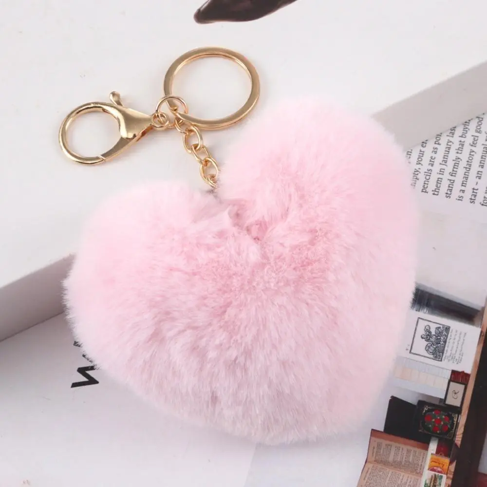 Fashion Soft Fluffy Heart Pom Pom Keychain for Teen Girls, Full Elastic Filled Plush Pendant with Tight Anti-Shedding Stitching, Anti-Rust Metal Lobster Clasp Multi-Use Car Key Backpack Bag Charm, Delicate Sweet Friendship & Couple Gift