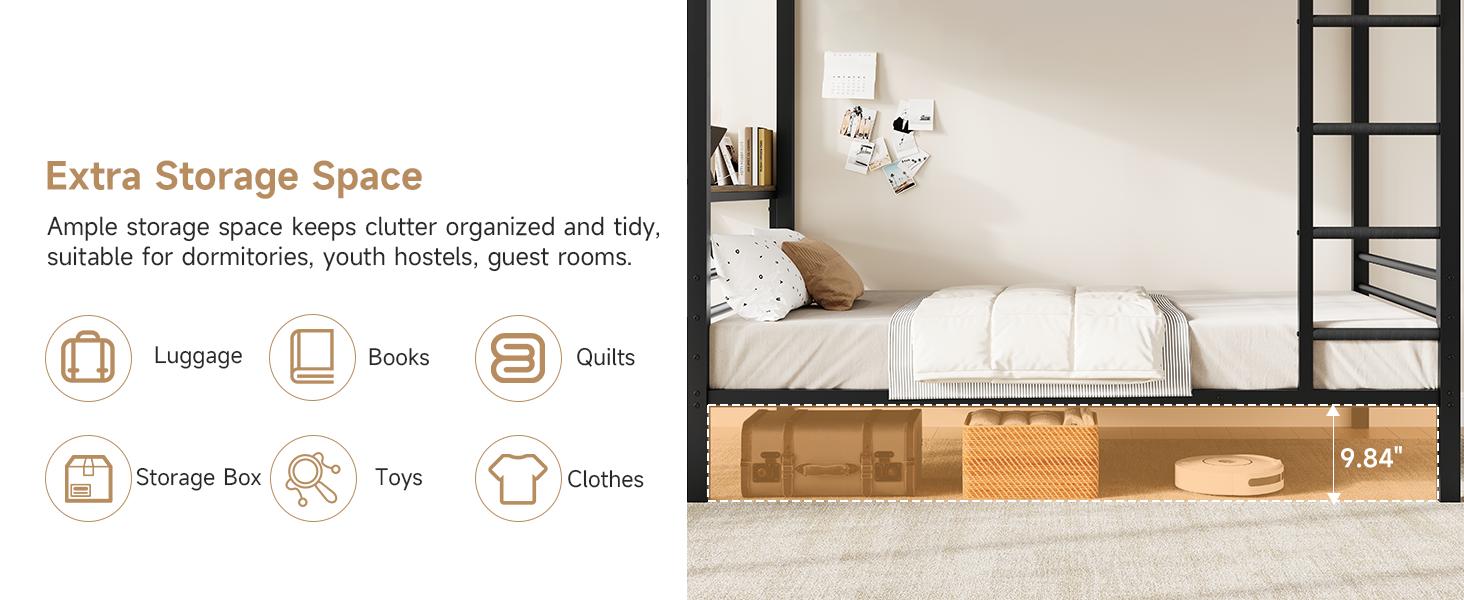 【SPRING GLOW UP】ONBRILL Bunk Bed Twin Over Twin, Metal Bunk Beds with Power Outlets & Desk, Heavy-Duty Bunkbeds Frame with Safety Guardrail & Ladders, Upper Bed with Storage Rack, No Box Spring Needed, for Juniors