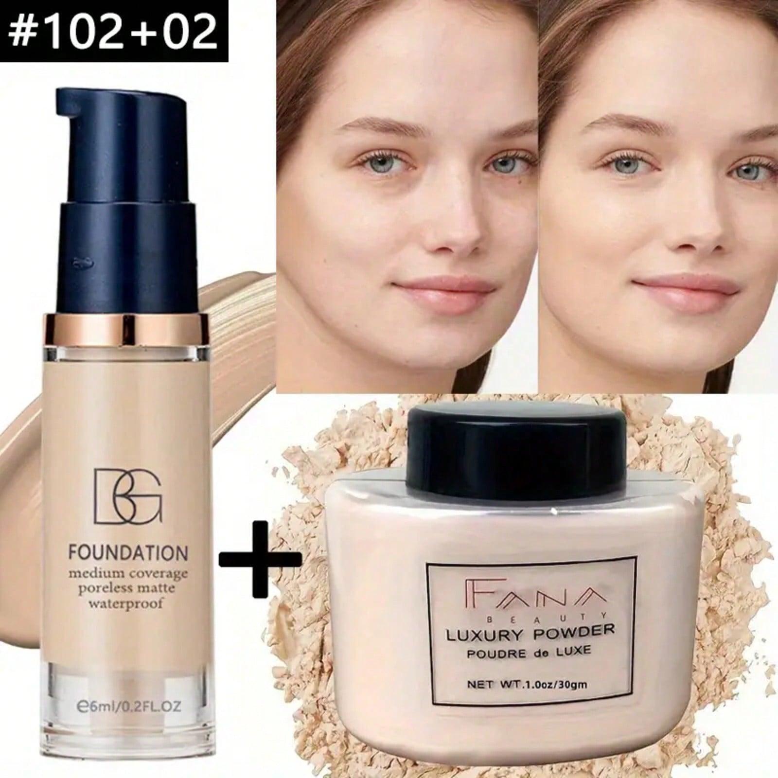 Beauty Glazed Summer Long-Wear Set: High-Coverage Matte Foundation + Instant Oil-Absorbing Loose Powder—Waterproof and Sweat-Resistant Travel 2-Piece Set