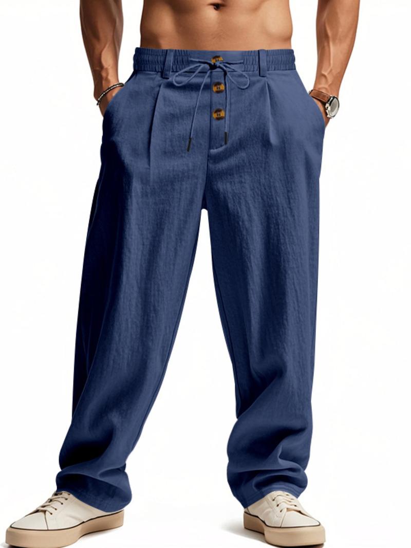 Men's Solid Button Design Linen Pants, Casual Comfy Breathable Trousers for Beach Vacation Holiday, Men's Bottoms for Summer Men's Solid Button Design Linen Pants, Casual Comfy Breathable Trousers for Beach Vacation Holiday, Men's Bottoms for Summer