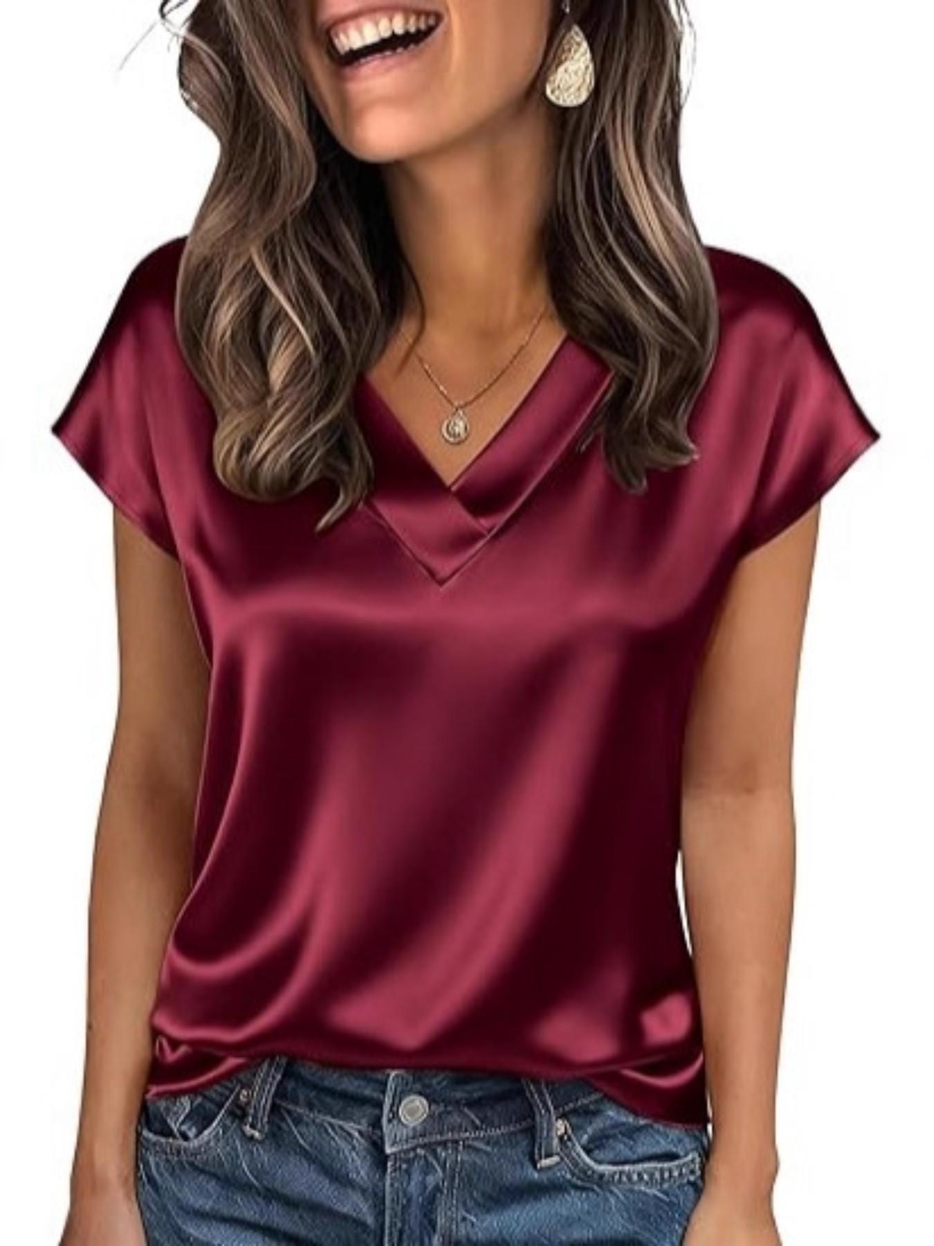 2026 Women Silk Satin Smooth Tops Cap Short Sleeve Blouse V Neck Shirts Business Casual Loose Elegance Outfits hot