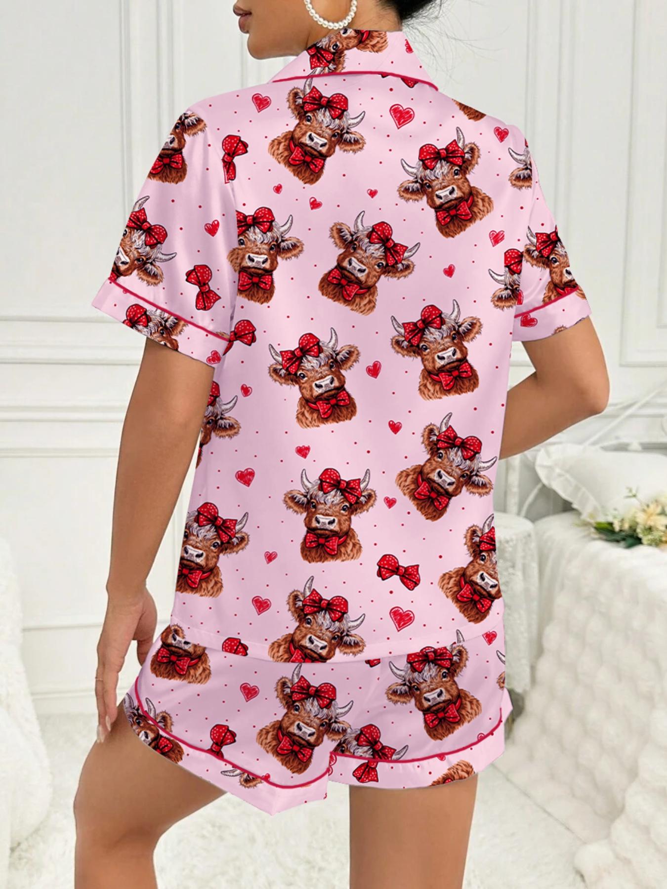 Valentine's Day Women's Pajama Set, Comfortable Cute Elastic Highland Cow Bow Collar Shirt & Pants Two-Piece Sleepwear, Party Wear