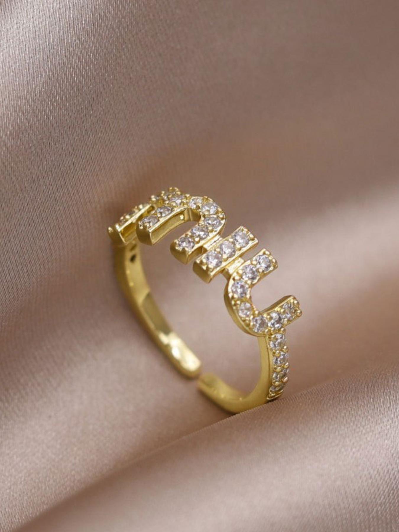 Women's Elegant Adjustable Zircon Letter Ring, Fashionable Open Design, Perfect for Daily Wear & Commuting, Stylish Jewelry Gift Idea, Unique Rings