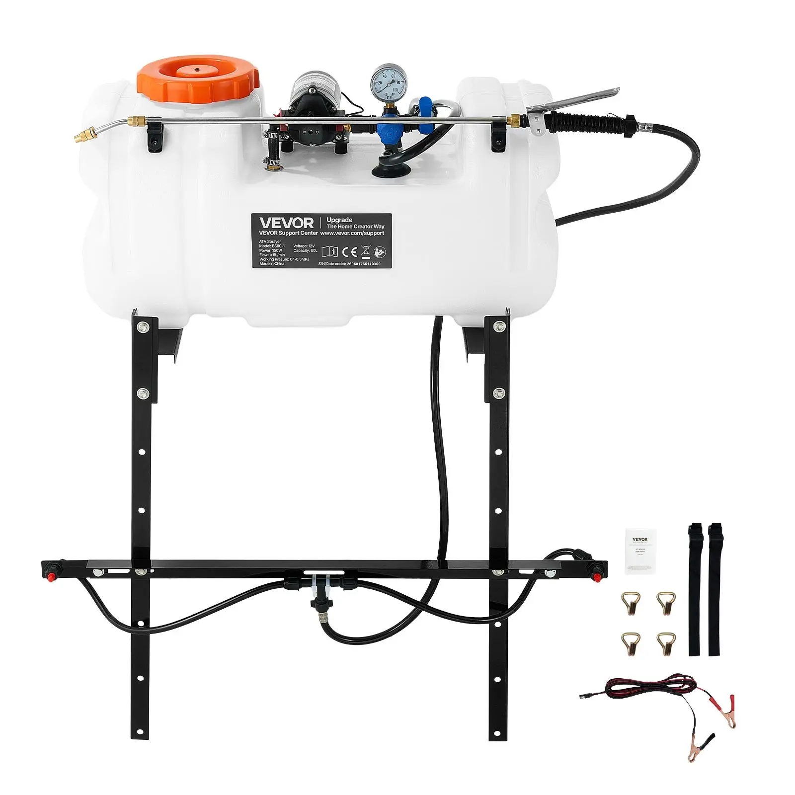 VEVOR 15.9 Gal Capacity ATV/UTV Spot & Broadcast Sprayer, 60L 12V Pump, 1.9 GPM Flow Rate, Adjustable Pressure Weed Spraying Tool, 0-72 PSI, Brass Nozzle, Boom, Water Tank, 20 ft Hose, White for Garden Farm