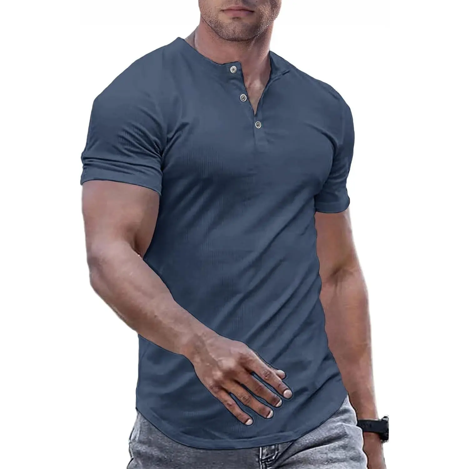 Men's Muscle Slim Henley Shirts Crewneck Longline T-Shirt Gym Workout Athletic Shirt Tees with Button