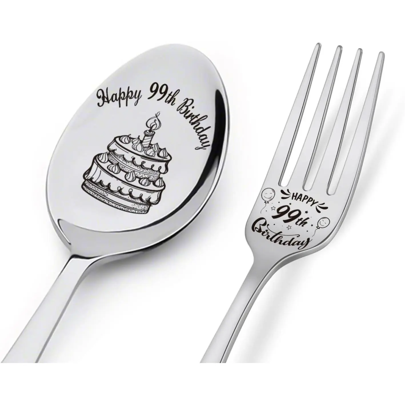 2 Set of 2 Silver Ornate Stainless Steel Flatware Cutlery - 99th Birthday Engraved Spoon & Fork Personalized Gift for Elders