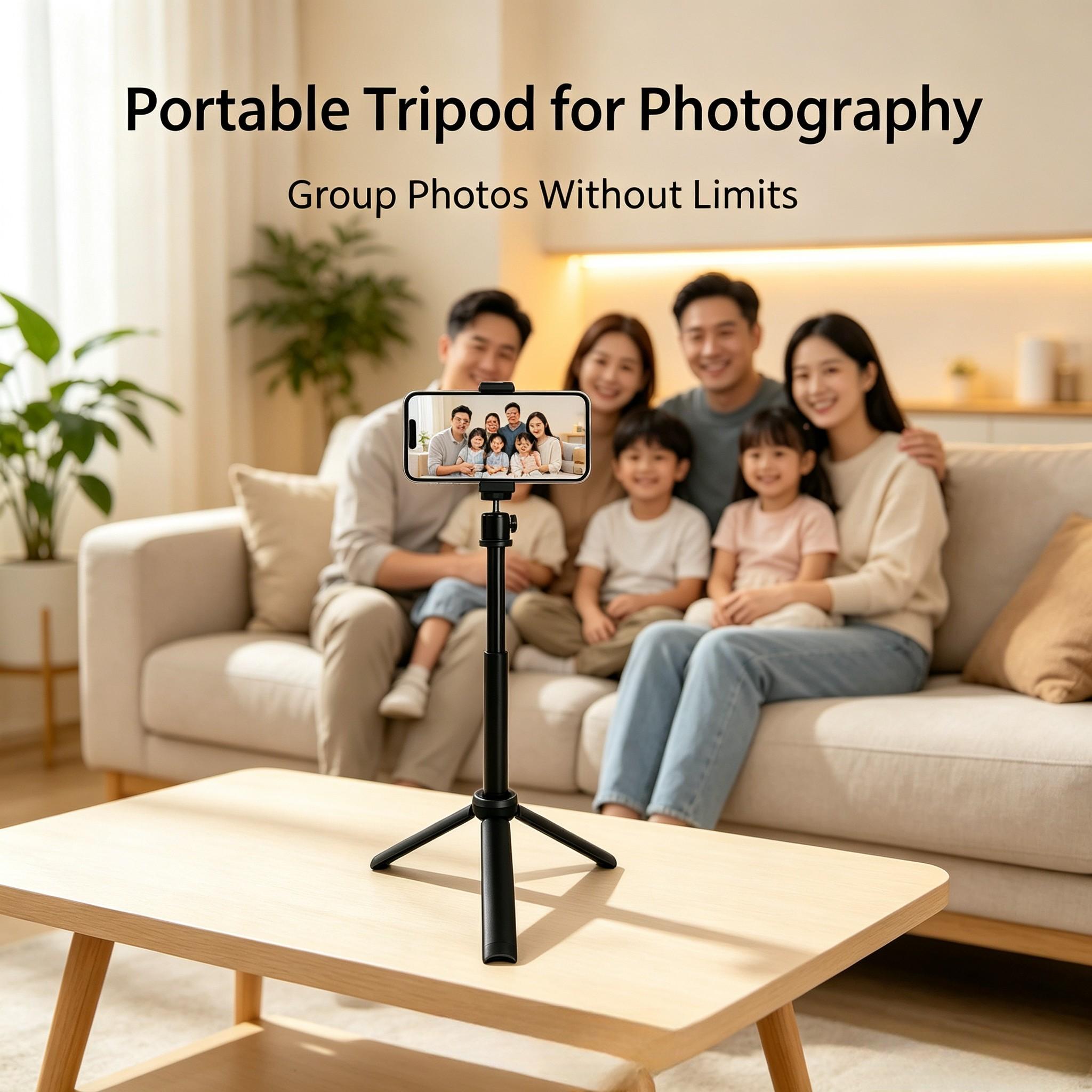 Two-In-One Extendable Selfie Stick Tripod, Portable Compact Phone Stand, Adjustable Height, Stable Base, Outdoor Travel, Vlogging, Live Streaming