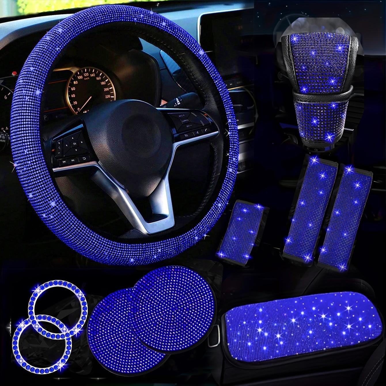 10-Piece Car Interior Set, Bling Car Accessories, Diamond Steering Wheel Covers, Sparkling Rhinestone Seat Belt Clips, Gear Shift Cover, Cup Mat, Fits Most Cars