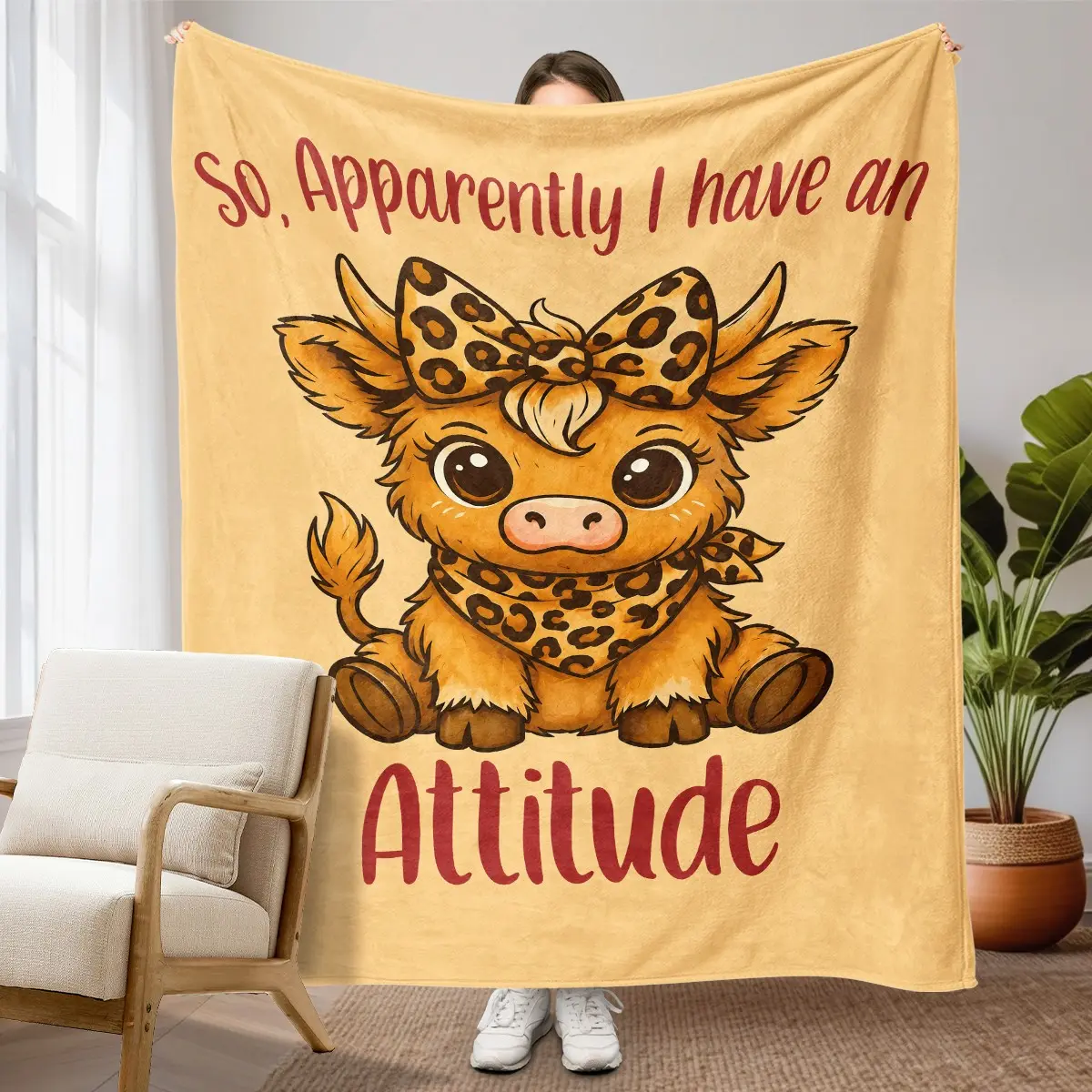 1PC Highland Cow With Leopard Bow Attitude Slogan Fleece Throw Blanket, Caramel Background Cute Fluffy Cow Cartoon Print, Warm Cozy Blanket for Sofa Bed Office Camping, Fun Birthday Christmas Gift